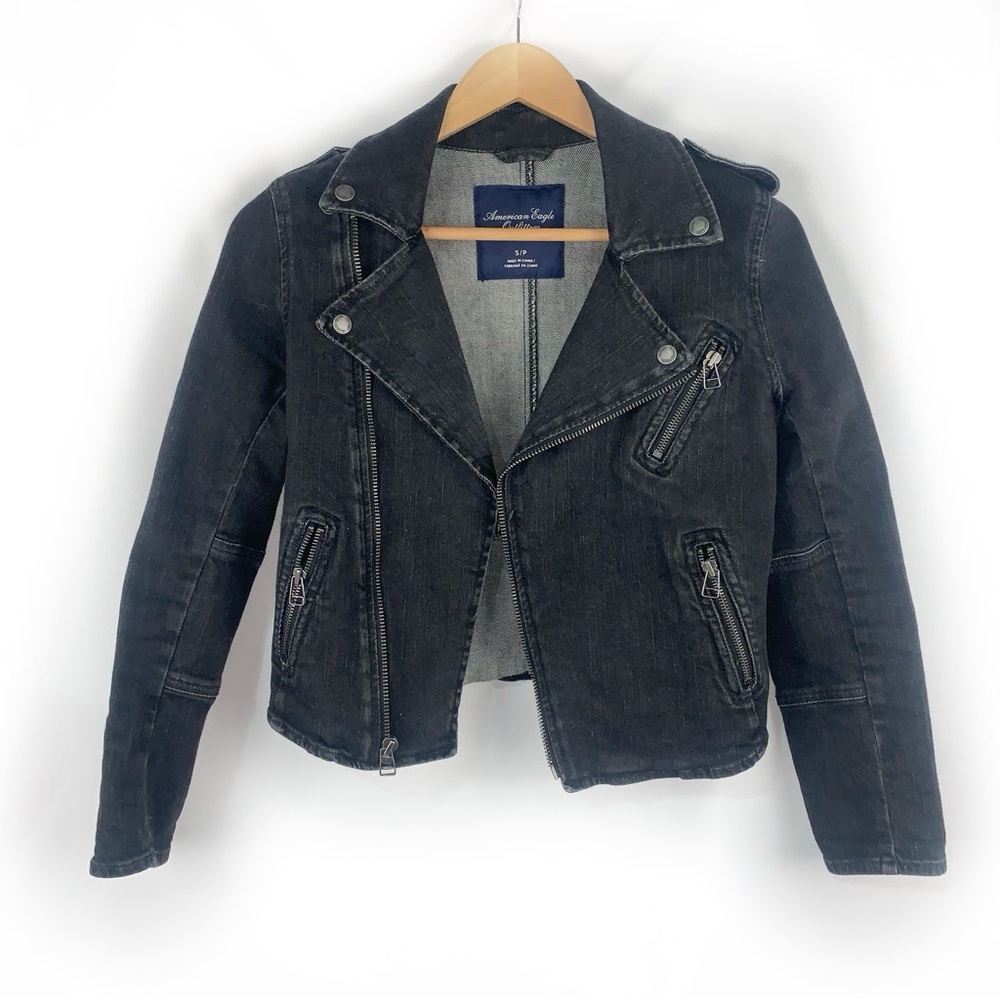 American Eagle Outfitters Denim Moto Jacket Washed Black